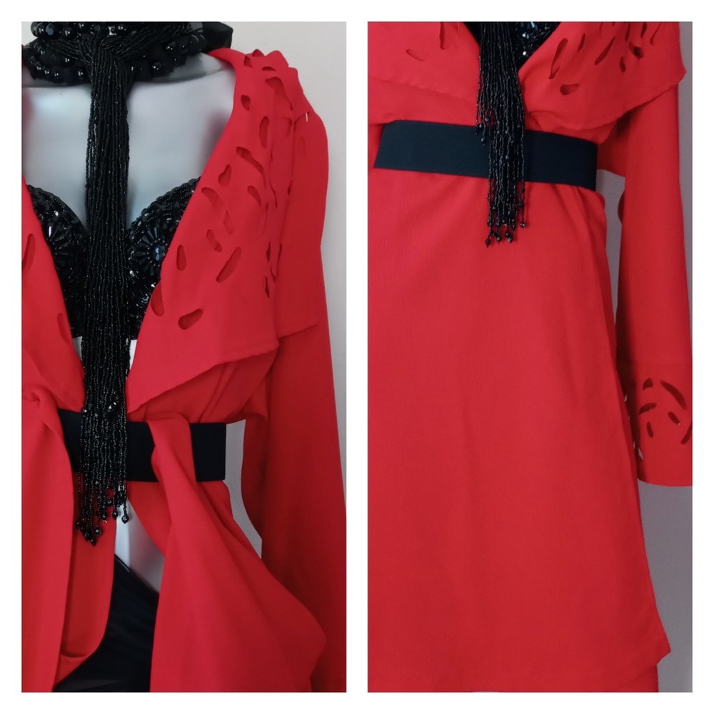 "FIRE" Open Front Kimono Oversized Shawl Collar Eyelet Details Grandma Chic